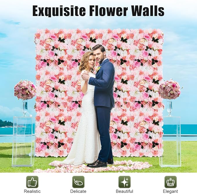 12pcs 24" x 16" Artificial Flower Wall Panel Background,3D Pink White Dahlia Silk Rose with Leaves Flowers Wall Backdrop for Wedding Party Event Photo Backdrop Wall Decor (Type 3)