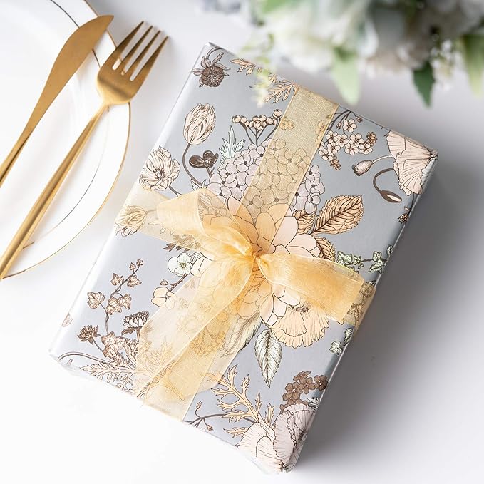 WRAPAHOLIC Jumbo Reversible Floral Wrapping Paper - 24 Inch X 100 Feet Jumbo Roll Pearlized Vintage Floral Design, Perfect for Wedding, Birthday, Mother's Day