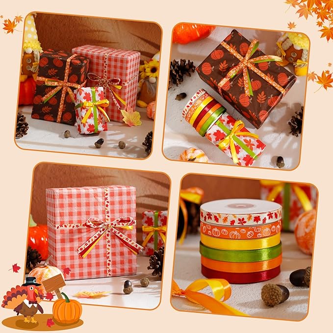 6 Rolls 150 Yards Thanksgiving Fall Ribbons Harvest Ribbons for Craft Wrapping Pumpkin Maple Leaf Autumn Grosgrain Ribbon for Wreath Bows Decoration 3/8 Inch(Maple)