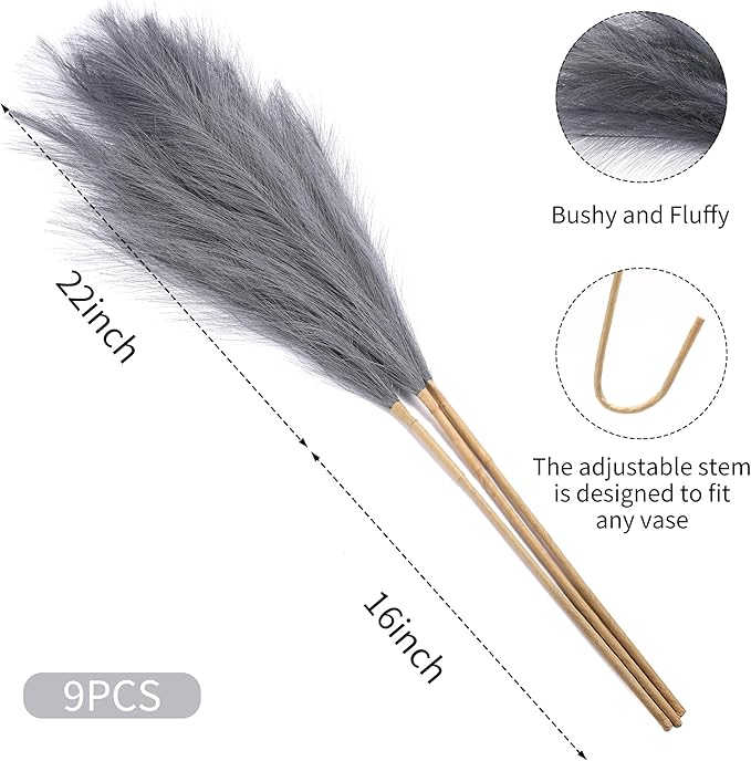 9 Stems Grey Pampas Grass - 38 Inch Tall Faux Pompous Grass Bulk, Large Artificial Pompas Floral for Vase Filler, Wedding Flower Arrangement and Home Decor (Grey)