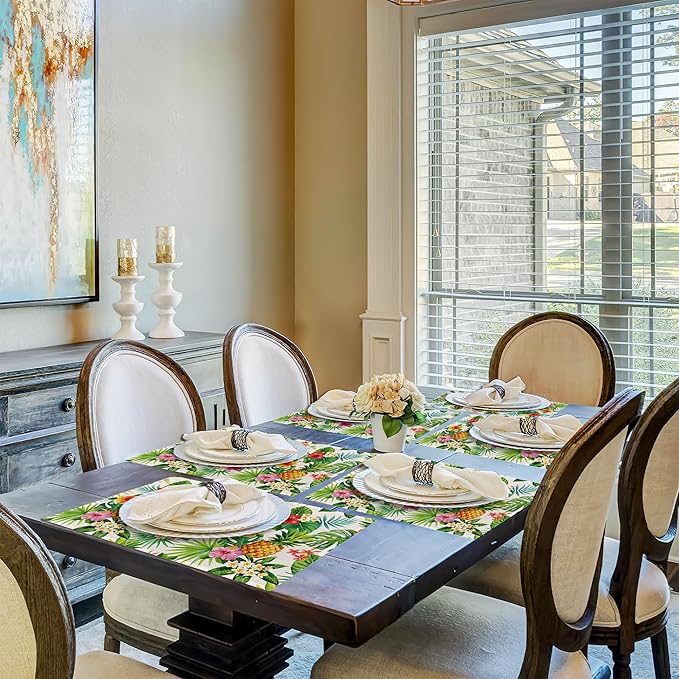 Pineapple Placemats Set of 6,Summer Hawaiian Tropical Fruit Palm Leave Flower Table Mats Non-Slip Heat Resistant Washable Placemat for Party Kitchen Dining Table Decoration Indoor Outdoor