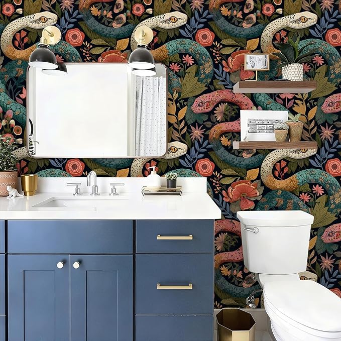 Floral Peel and Stick Modern Animal Contact Paper Whimsical Snake Removable Botanical Leaf Wallpaper 17.7" x 118.11" Wall Paper Watercolor Self Adhesive for Classroom Bedroom laundry room bathroom