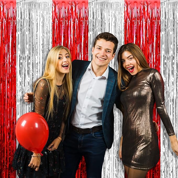 4 Pack Foil Fringe Curtain Backdrop, 3.28Ft x 8.2Ft Metallic Tinsel Foil Fringe Streamers Curtains for Photo Booth, Wedding, Circus Welcome Carnival Birthday Party Decoration Silver Red