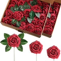 100 Pieces Artificial Foam Rose Flowers Faux Bouquet with Leaves and Stems for DIY Wedding Bouquets Centerpieces Bridal Shower Party Valentine Home Decorations(Burgundy)
