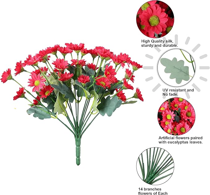 Daisy Artificial Flowers for Outdoors Summer Fall Decor, 6 Bundles Fake Mums Silk Flowers for Outside Look Real UV Resistant Fake Plants Faux Flowers for Planter Front Door Home Indoor Porch, Hot Pink