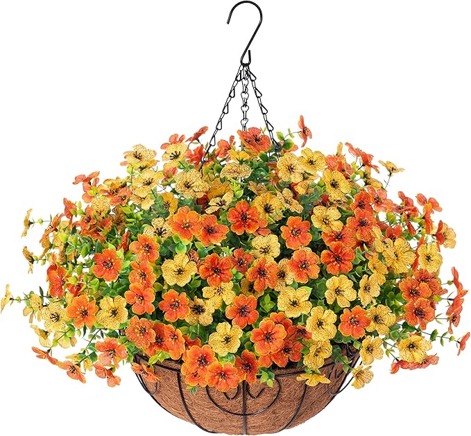 HyeFlora Artificial Fake Hanging Mums Plants Flowers Basket for Fall Autumn Outdoor Decor, Faux Silk Orange Dasiy Flower Look Real UV Resistant for Outside Porch Home Patio Garden Decoration