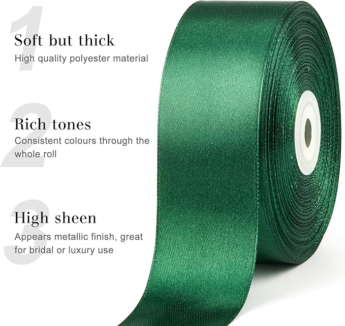 1-1/2 Inches 50 Yards Dark Green Satin Ribbon, Solid Fabric Ribbon Roll for Flower Bouquets, Gift Wrapping, Wedding, Handmade Crafts