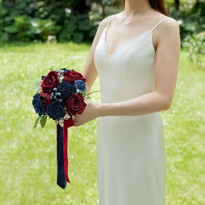 ponatia Navy Blue Wedding Bouquets for Bride Bridesmaid, BurgundyWedding Artificial Roses Flowers for Wedding Bouquets Ceremony, Anniversary (Burgundy & Navy Blue)