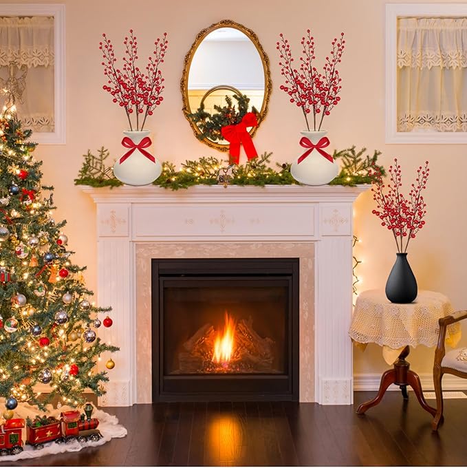 6 Picks Red Berry Twig Long Stems: Decorative Picks for Vases, Floral Arrangements, and Holiday Crafting (Red)