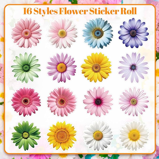 1200 PCS Daisy Stickers Cute Flower Stickers Roll for Kids Sun-Proof Flower Roll Sticker for Scrapbooks, Water Bottle, Present Boxes Decorations (16 Styles)