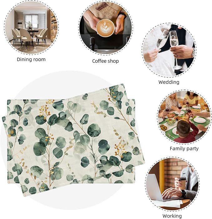Leaves Placemats Set of 6 Eucalyptus Seasonal Watercolor Plants Table Mats Washable Place Mats for Home Party Indoor Kitchen Dining Table Decoration 12x18 Inch