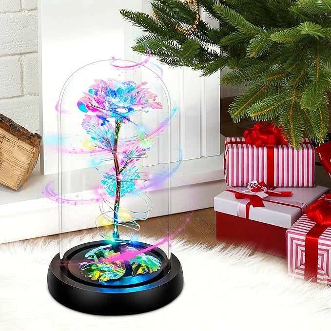 Childom Christmas Rose Gifts for Women,Birthday Gifts for Women Mom Christmas,Flowers for Delivery Prime,Rotating Colorful Light Up Rose in A Glass Dome,Anniversary Rose Gift for Her Valentines Day