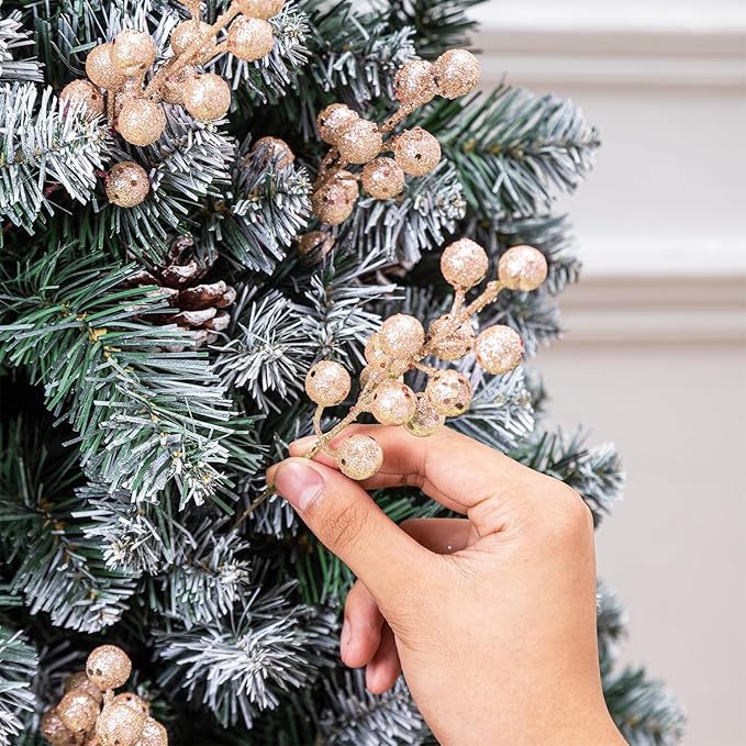 24 Pcs Champagne Boxed Christmas Poinsettia Flowers Set, 16 Pcs Artificial Poinsettias with Clips, 8 pcs Glitter Christmas Tree Ornaments Berry Stems for Wedding Home Holiday Xmas New Year Decorations