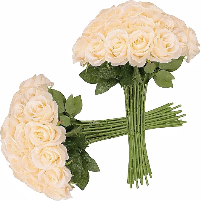 30pcs Roses Artificial Flowers Champagne Silk Roses with Long Stems Fake Flowers for Wedding Bouquet Centerpices Decorations Party Bridal Baby Shower Home Decor