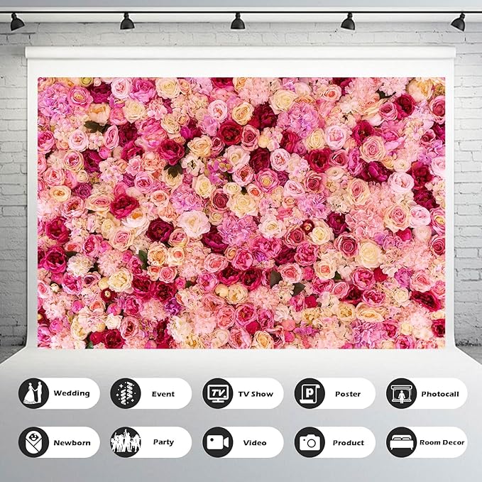 Flower Backdrop Pink Red Rose Flowers Floral Wall Photography Background Birthday Baby Shower Wedding Party Banner Anniversary Decorations Children Adults Portrait Video Studio Prop 20x10ft