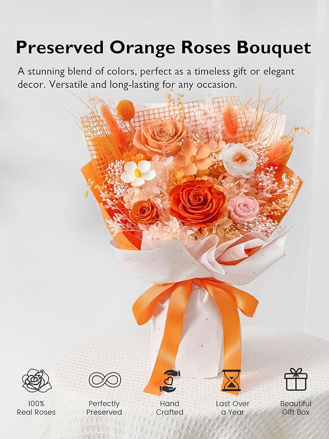 Eterfield Flowers for Delivery Prime, Forever Flowers Bouquet, Preserved Orange Roses Birthday Gifts for Her Women Wife Mom Grandma Graduation Valentine's Day Mother's Day