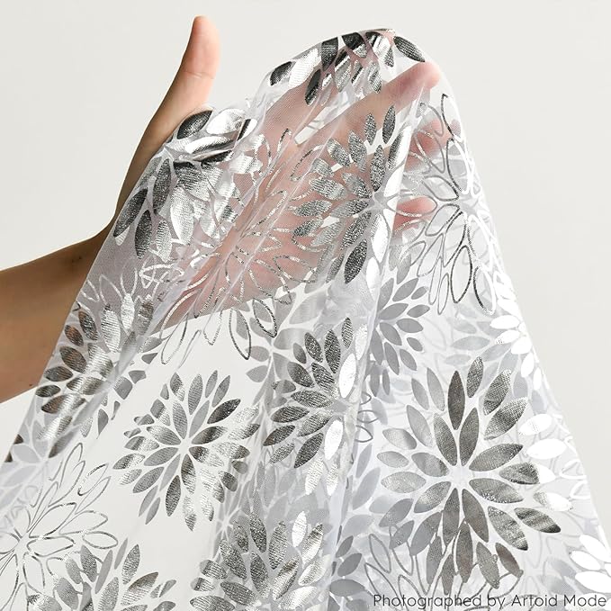 Artoid Mode 3PCS White Silver Dahlia Flower Gauze Table Runner 120 Inch 10FT, Glitter Metallic Foil Seasonal Sheer Dining Holiday Table Decor for Home Party
