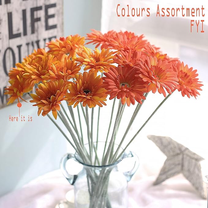 12pcs Artificial Gerbera Daisies,22 Inch Long Stem Silk Daisy Flowers,Realistic Artificial Flower Mums for Home Décor Centerpiece Wreath Supplies Wedding Bouquet,Light Orange