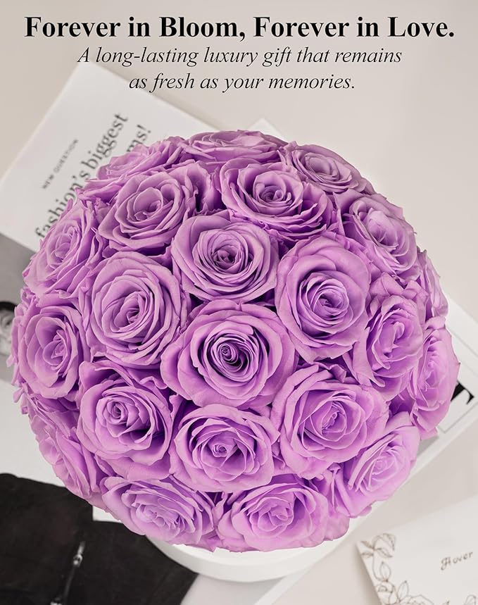 27 Forever Roses Dome in White Box, Eternal Real Roses Gifts for Women, Preserved Flowers for Delivery Prime, Anniversary, Valentine's Day, Christmas, Birthday for Her (Light Purple)