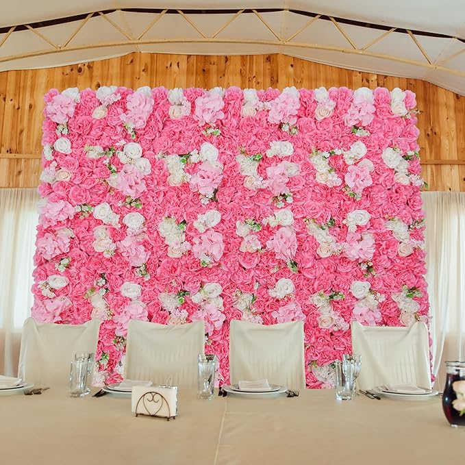 Artificial Flower Wall Panels - 12-Piece Set of 15x15 Inch Silk Roses Floral Backdrop Ideal for Wedding Celebrations, Festive Party Background and Elegant Home Decor -Pink