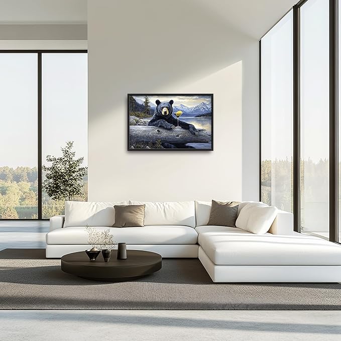 Forest Bear Large Decor Framed Wall Art Mountain Lake Cabin Pictures for Living Room, Black Bear Oversized Canvas Print Painting Modern Extra Large Framed Artwork for Bedroom Office 36"x24"