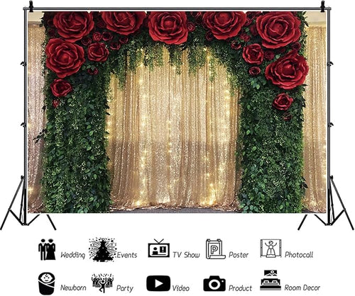 10x6.5ft Wedding Backdrop Red Rose Flowers Gold Sequin Wall Greenery Leaves Photography Background Bridal Wedding Party Banner Decorations Supplies Photo Booth Props