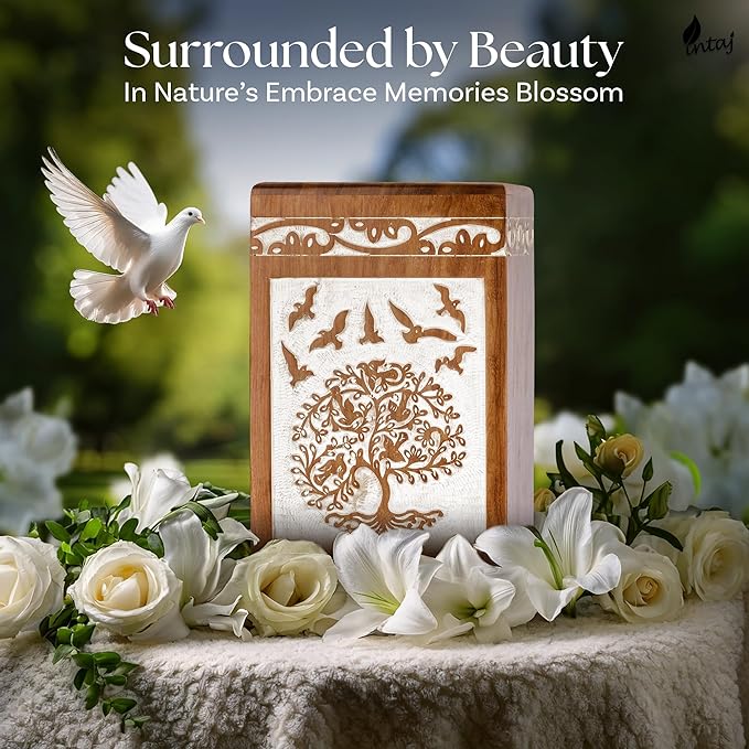 INTAJ Antique White Tree of Life Rosewood Urn for Human Ashes Adult Male Female - 250 lbs Capacity Wooden Cremation Urn Box Suitable for Burial Funeral Decorative Spiritual Memorial Casket