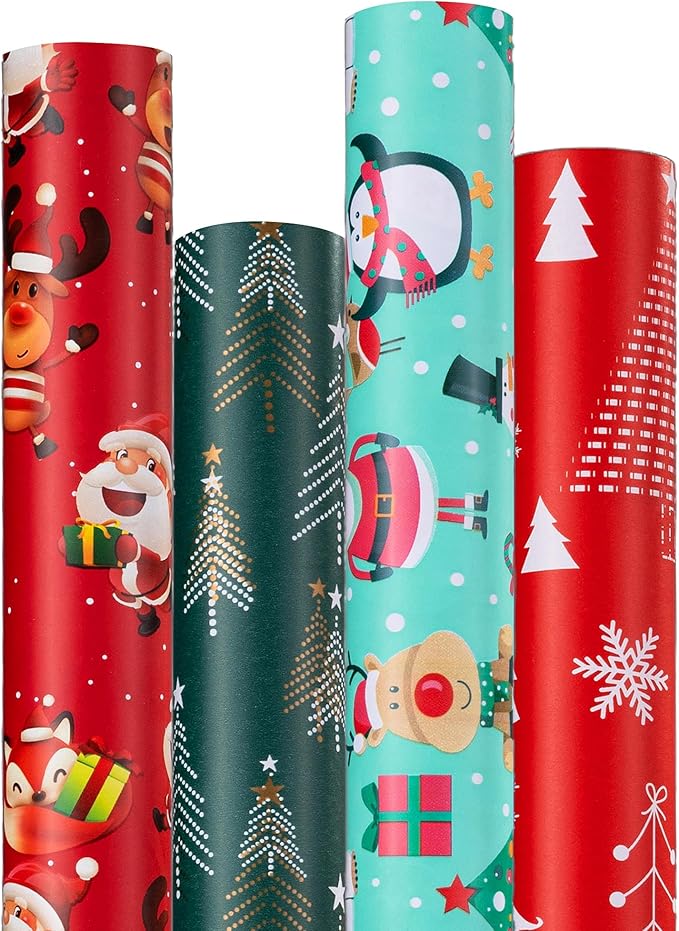 Christmas Wrapping Paper (4 Rolls, 148 sq. ft. ttl): Funny Snowmen, Snowflakes, Reindeer, Bear, Christmas Trees and Santa Claus with Gifts Design for Holiday Gift Wrap- 30 Inches x 14.8 Feet Per Roll