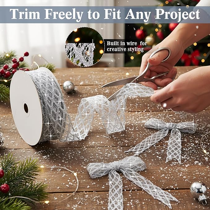 Geosar 20 Yards Silver Glitter Mesh Wired Ribbon for Christmas Tree Decorations, Gift Wrapping, DIY Craft, Xmas Wreaths, Cabinet Decor (1.5 Inch)