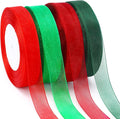 DECYOOL 4 Rolls 200 Yards Christmas Ribbons for Gift Wrapping, 4/5" Wide Christmas Organza Ribbon Xmas Holiday Chiffon Ribbons for Wreaths Festival Decoration (Red, Green, Wine Red, Dark Green)