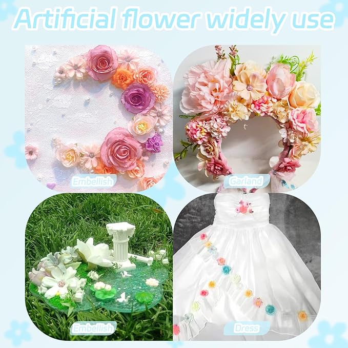 Featuman Green Artificial Flowers Heads for Decoration, 40 Pcs Faux Daisy Baby's Breath Fake Rose Small Flowers, Faux Flowers Head Fabric Flower for Crafts, Birthday, Hair Cap Dress Decoration