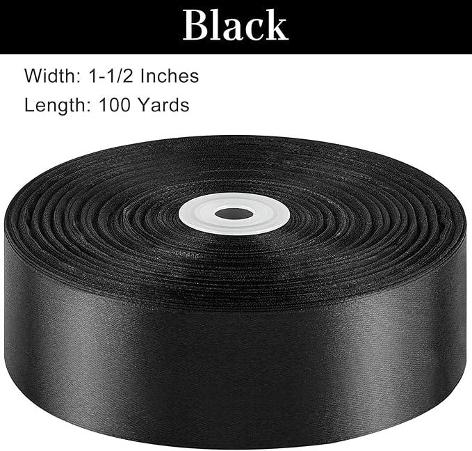 1-1/2 Inches 100 Yards Black Satin Ribbon, Ribbon Roll for Flower Bouquets, Gift Wrapping, Wedding, Handmade Crafts