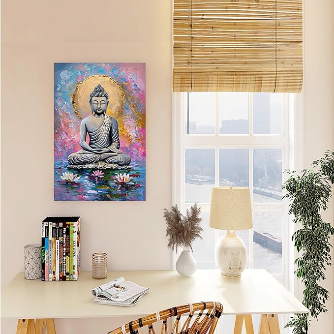Lotus and golden Buddha meditation tranquil zen wall art mindfulness wall art for spiritual harmony and tranquility decor 32x48in Frameless