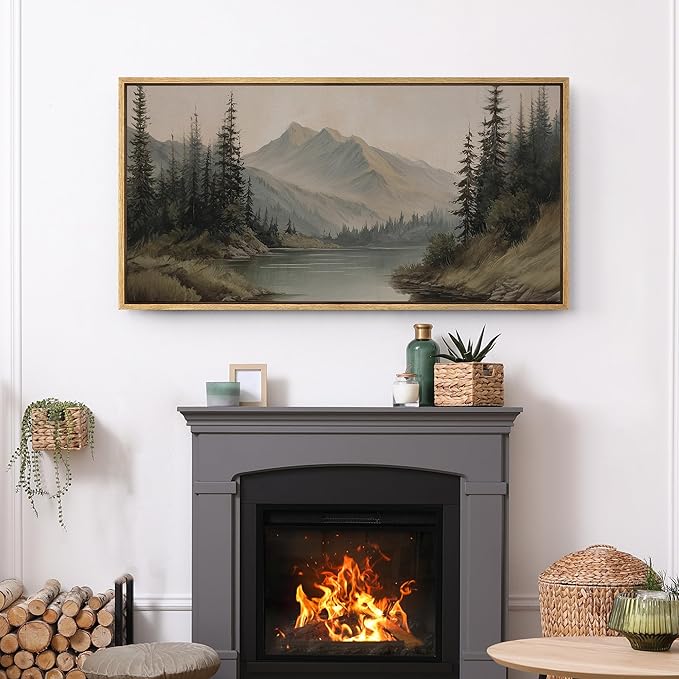 SIGNFORD Extra Large Framed Canvas Print Wall Art Mountain Forest Landscape Misty Pine Trees and Lake Scene Illustrations Modern Art Relax/Calm Warm for Living Room, Bedroom, Office - 60"x30"