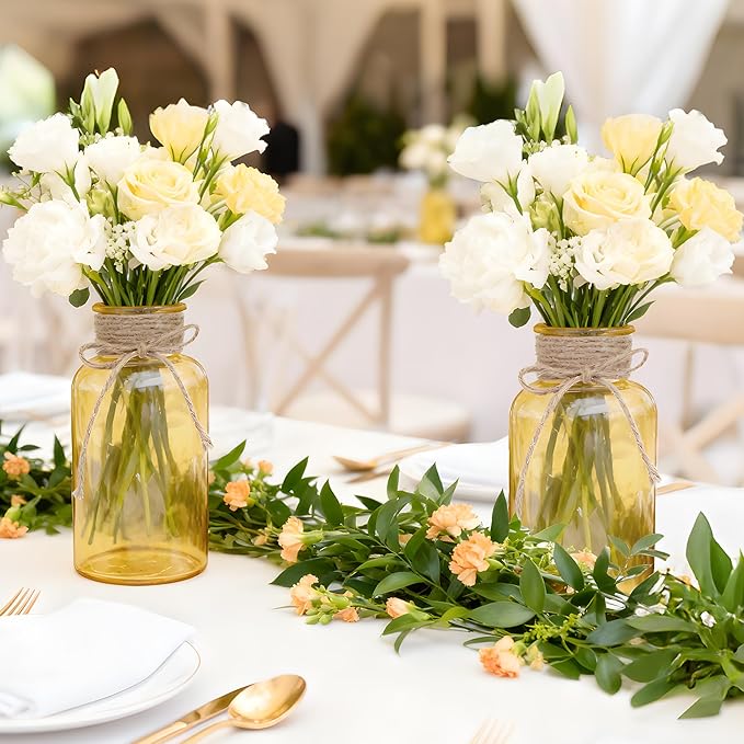 Vintage Glass Flower Vase，12 Pack Gold Amber Farmhouse Glass Centerpiece Vases Mason Jars for Weddings, Parties & Home Decor Bulk (12, Gold)