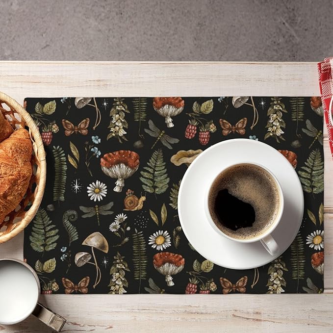 Mushroom Placemats Set of 4,Vintage Gothic Mushroom Fern Kitchen Place Mats Linen 12x18 Inch,Black 4 PCS, Style-5