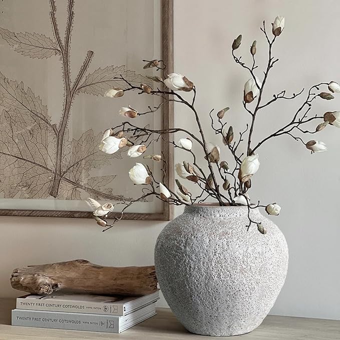Rustic White Ceramic Vase Farmhouse Round Flower Clay Pottery Large Terracotta Floor Vases for Decorative Centerpiece Vintage Home Decor Aesthetic for Living Room Bedroom Table Entryway