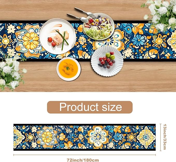 Bohemian Blue & Orange Floral Table Runner – 13x72 Inch Vintage Patterned Linen-Look Fabric, Rustic Dining Table Decor, Boho Chic Home Accent for Kitchen & Parties