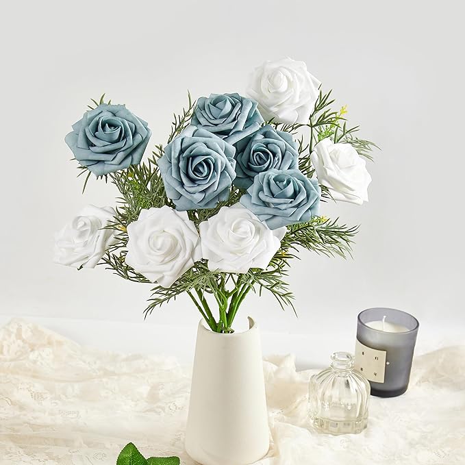 Artificial Flowers, 50pcs Dusty Blue and White Artificial Rose for DIY Wedding Bouquets Centerpieces Arrangements, Fake Flower with Stems for Party Home Decorations