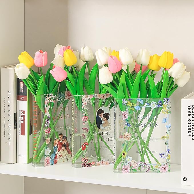 Book Vase, Acrylic Book Vase for Flowers, Book Flower Vase, Book Shaped Vases, Clear Book Vases, Small Vase for Bedroom, Living Room, Bookshelf, Office, Dining Table(Women)