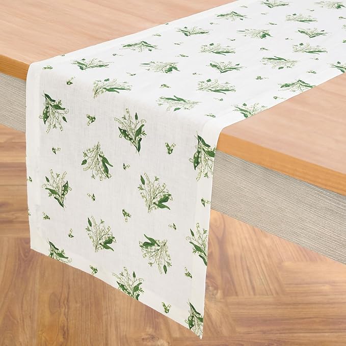 Solino Home Lily Floral Print Table Runner 48 inch - 100% Pure Linen Table Runner 14 x 48 Inch - Machine Washable - Lily of The Valley/White Print