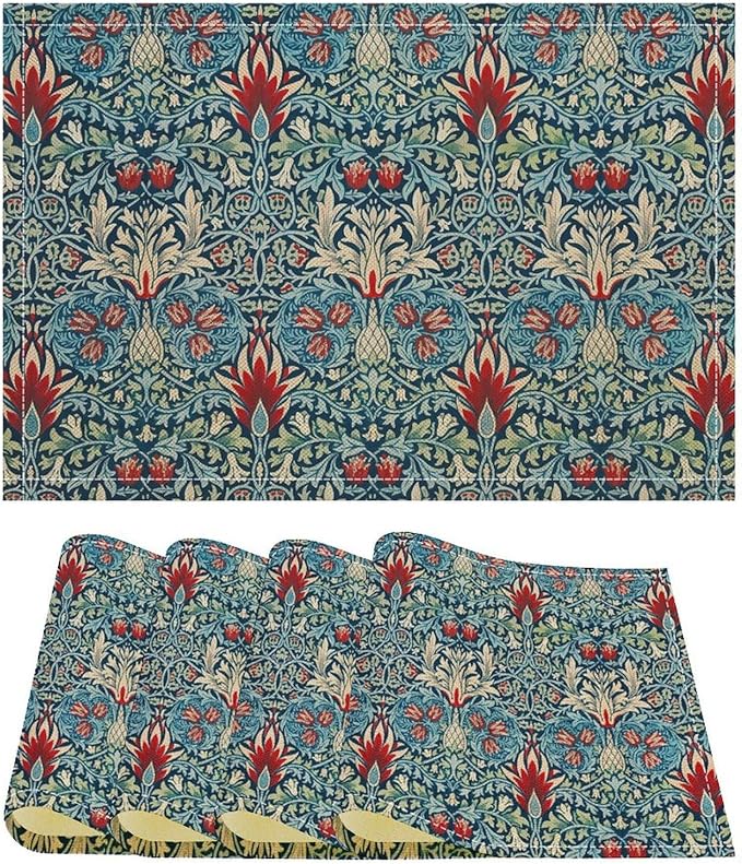 Vintage Flower Placemats William Morris Rural Farmhouse Flowers Art Printed Dining Table Mats Set of 4 for Home Kitchen Holiday Picnic Party Decor 12x18in