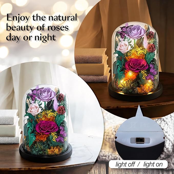 Preserved Rose with Butterfly, LED Forever Flowers in Glass Dome, Eternal Flowe for Women, Birthday Gifts for Mom Friend, Includes Greeting Card & Luxury Gift Box (Purple)