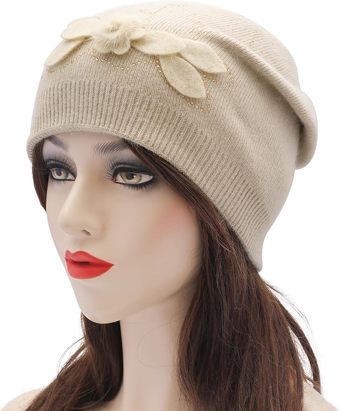 ZLYC Women Floral Slouchy Beanie Hat Double Layer Winter Knit Skull Cap