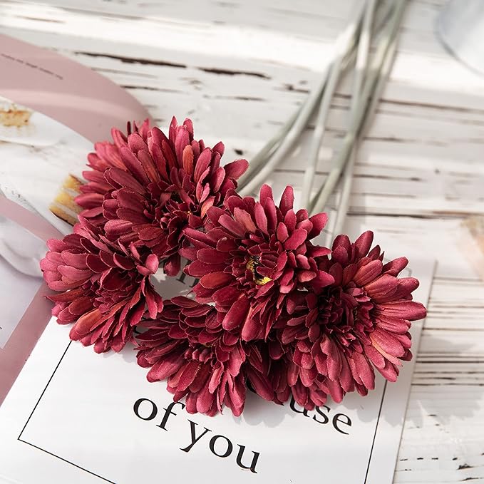 12pcs Artificial Gerbera Daisies,22 Inch Long Stem Silk Daisy Flowers,Realistic Artificial Flower Mums for Home Décor Centerpiece Wreath Supplies Wedding Bouquet,Wine