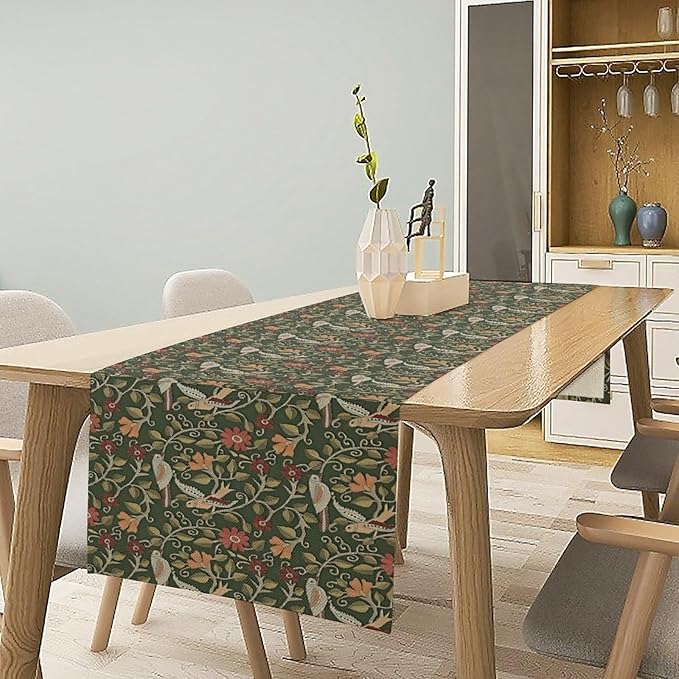 William Morris Table Runner, Vintage Boho Green Botanical Flowers Birds Tabletop Decoration for Kitchen Dining Indoor Outdoor Home Holiday Party, 13x36 Inch