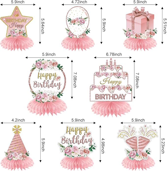 Pink Rose Gold Birthday Decorations Floral Honeycomb Centerpieces for Women Girls, 8pcs Floral Birthday Table Centerpiece Party Supplies, 16th 18th 21th 30th 40th 50th 60th Bday Table Topper