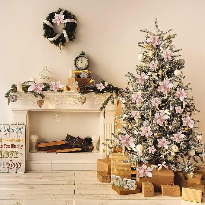 Boao 24 Pieces Christmas Artificial Glitter Poinsettia Flowers Xmas Flowers Wedding Christmas Tree New Year Ornaments(Rose Gold)