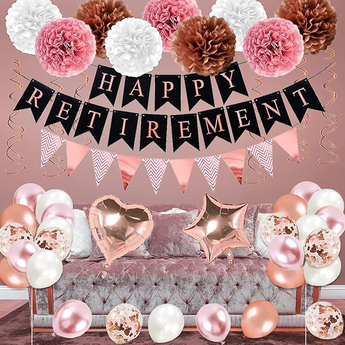 Rose Gold Retirement Party Decorations, 63 Pcs Retired Party Decorations for Women Happy Retirement Banner Hanging Swirls Foil Balloon Cake Toppers Retired Sash Retired Parties Supplies