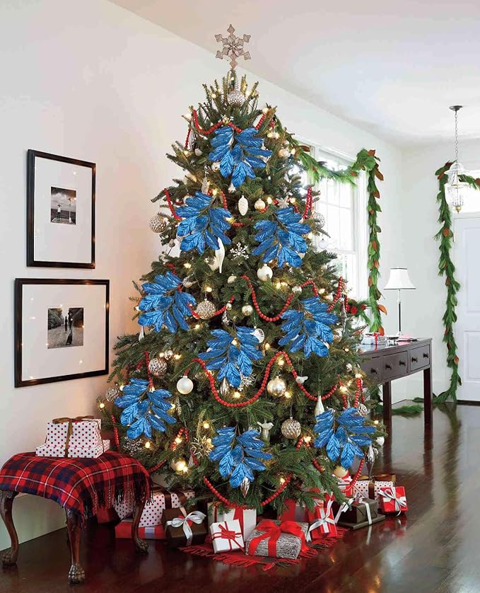 31" Royal Blue Christmas Glitter Leaves Tree Picks and Sprays, 3PCS Artificial Glitter Magnolia Stems for Christmas Tree DIY Garland Wreath Centerpiece Vase Wedding Winter Holiday